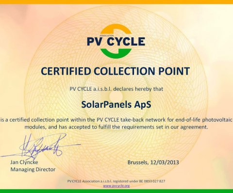 PV Cycle certifikat - SolarPanels ApS PV Cycle certifikat - SolarPanels ApS